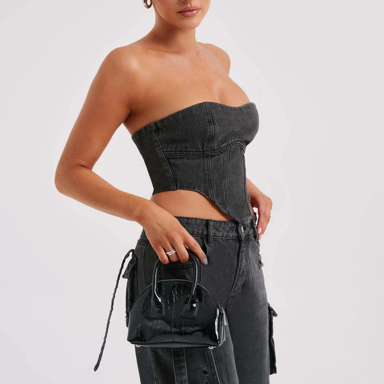 Women'S Suit Low Waist Three-Dimensional Tube Top and Pocket Stitching Jeans Pants