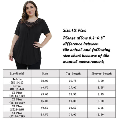 Women'S plus Size Summer Tops Short Sleeve Lace Pleated Blouses Tunic Tops M-4XL