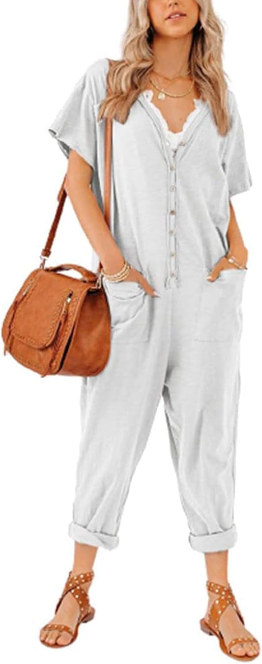 Oversize Women'S One Piece Button up Jumpsuit Casual Loose Short Sleeve V Neck Long Pants Rompers