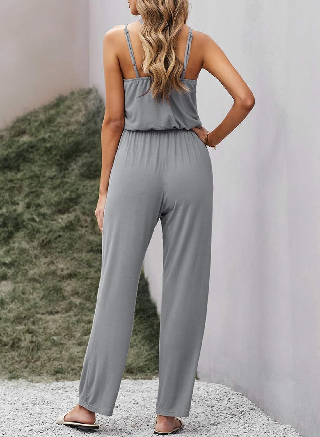 Women Casual Sleeveless Spaghetti Strap Solid Lounge Pajama Jumpsuit with Pockets Gray Small