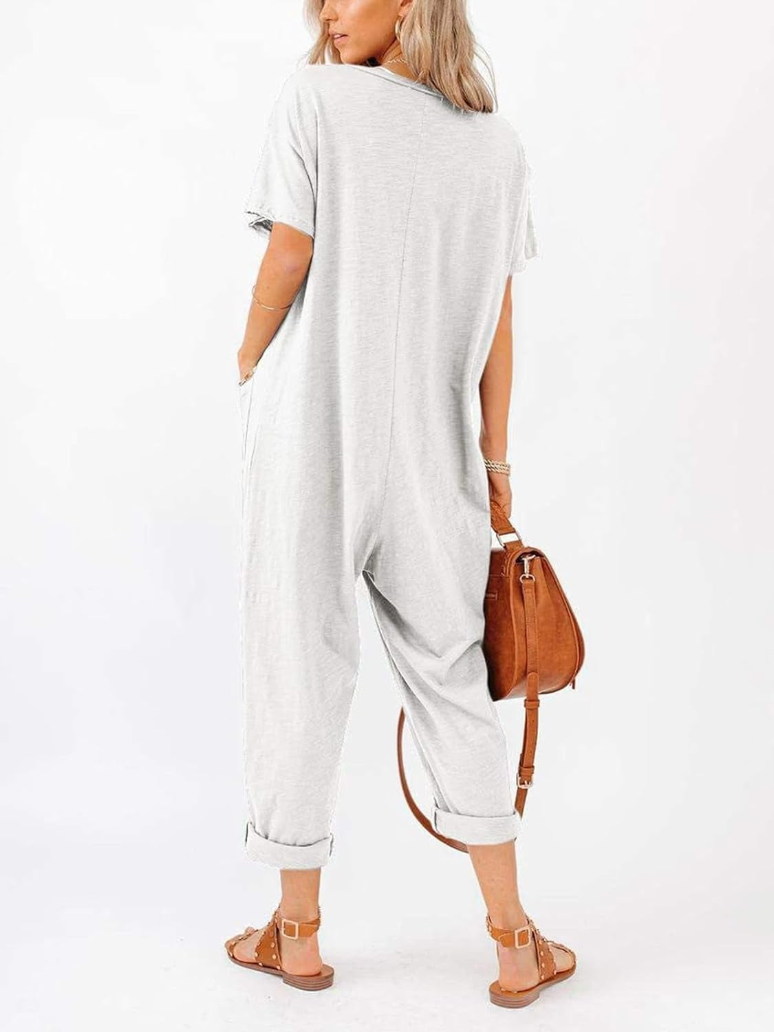 Oversize Women'S One Piece Button up Jumpsuit Casual Loose Short Sleeve V Neck Long Pants Rompers