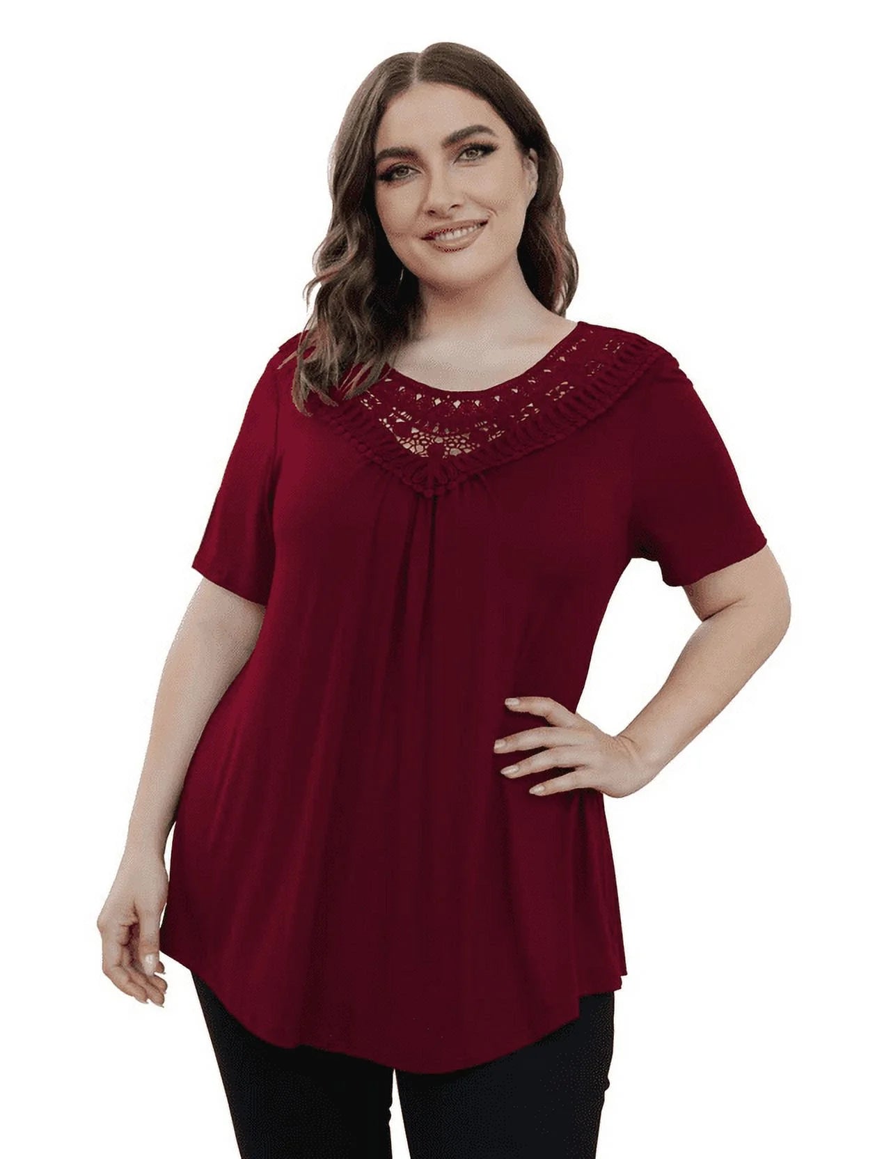 Women'S plus Size Summer Tops Short Sleeve Lace Pleated Blouses Tunic Tops M-4XL