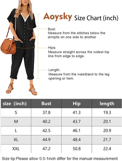 Oversize Women'S One Piece Button up Jumpsuit Casual Loose Short Sleeve V Neck Long Pants Rompers