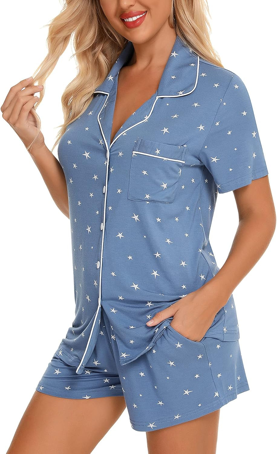 Womens Pajamas Set Short Sleeve Sleepwear Button down Nightwear Shorts Soft Pj Sets S-XXL