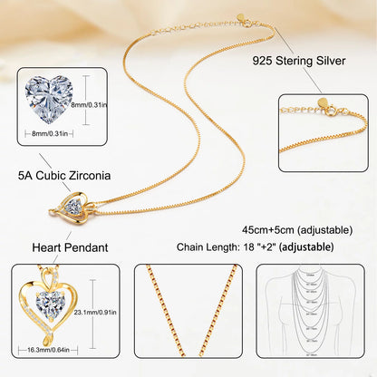 Heart Necklaces for Women 925 Sterling Silver Pendant Necklace Rose Gold White Gold/14K Gold Plated Love Necklace for Her Girlfriend Wife Valentines Day Birthday Women Jewelry Gifts 18"+2"