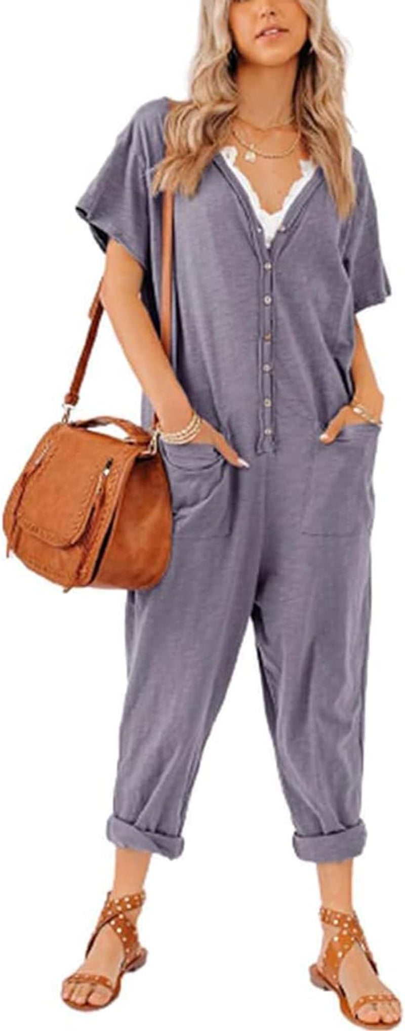 Oversize Women'S One Piece Button up Jumpsuit Casual Loose Short Sleeve V Neck Long Pants Rompers