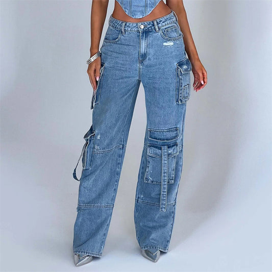 Women'S Suit Low Waist Three-Dimensional Tube Top and Pocket Stitching Jeans Pants