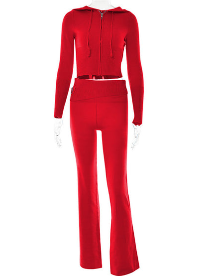 Hoodie Suit Women Leisure Sexy Zip Long Sleeve Sweater and High Waist Long Pants Set