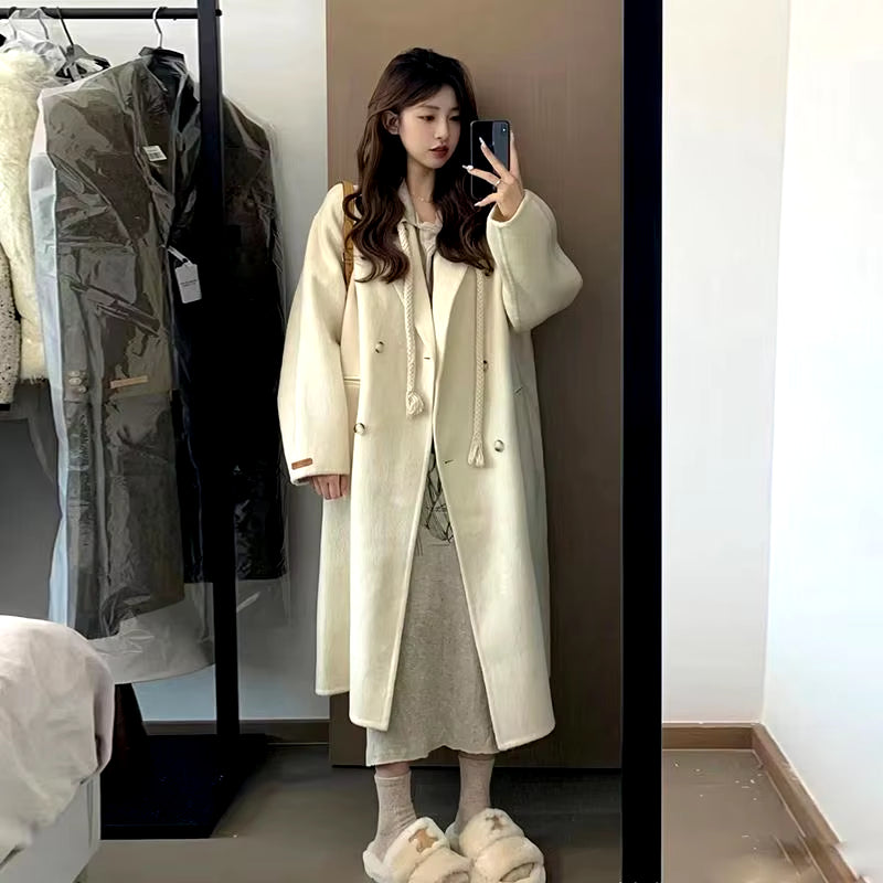 Handmade Cashmere Coat Jacket Women Winter Double Sided 100% Wool Trench Overcoat Female Warm Outerwears 2023