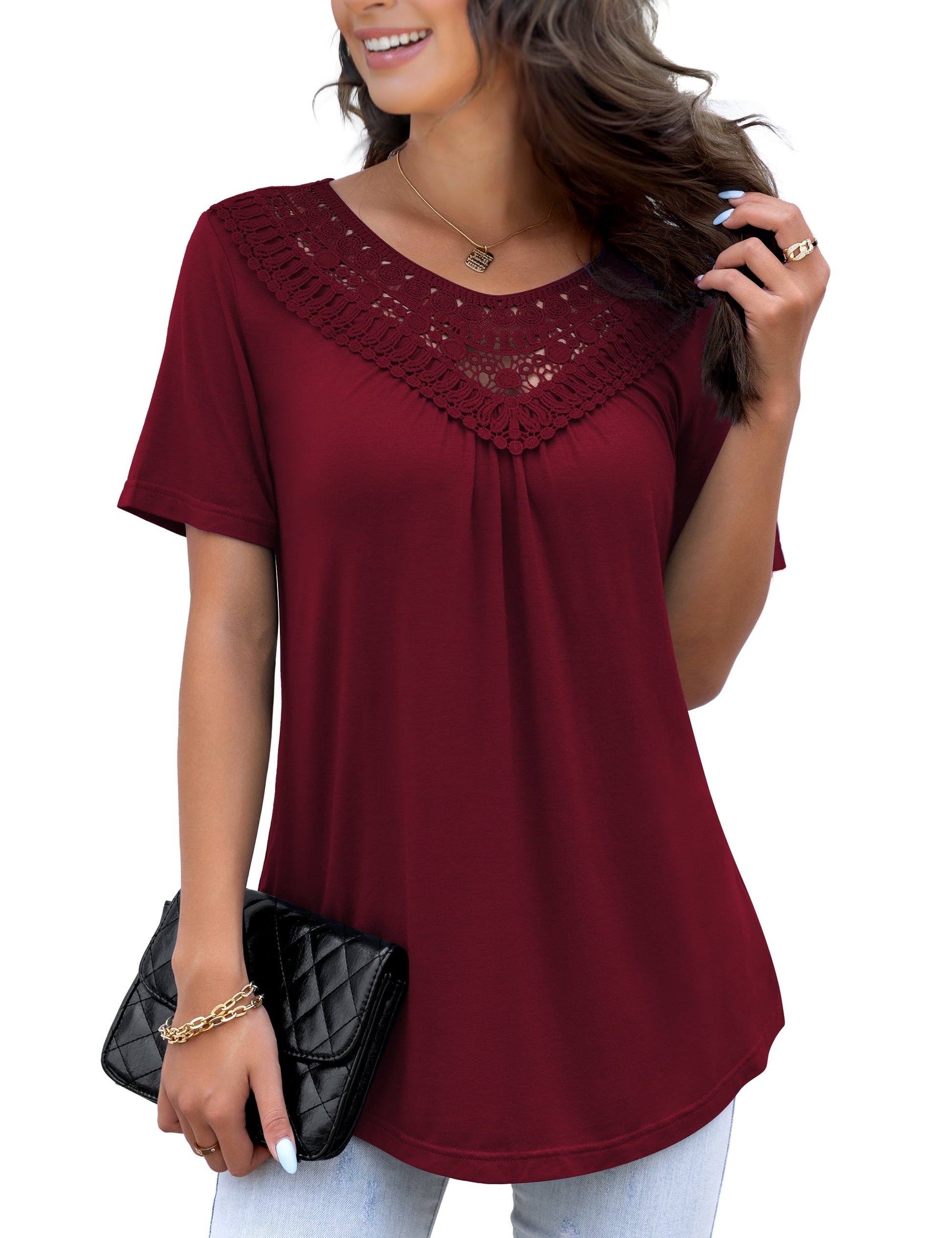 Women'S plus Size Summer Tops Short Sleeve Lace Pleated Blouses Tunic Tops M-4XL