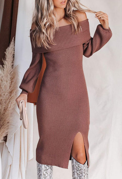 Women'S off Shoulder Sweater Dress Slim Fitted Midi Party Dress with Slit