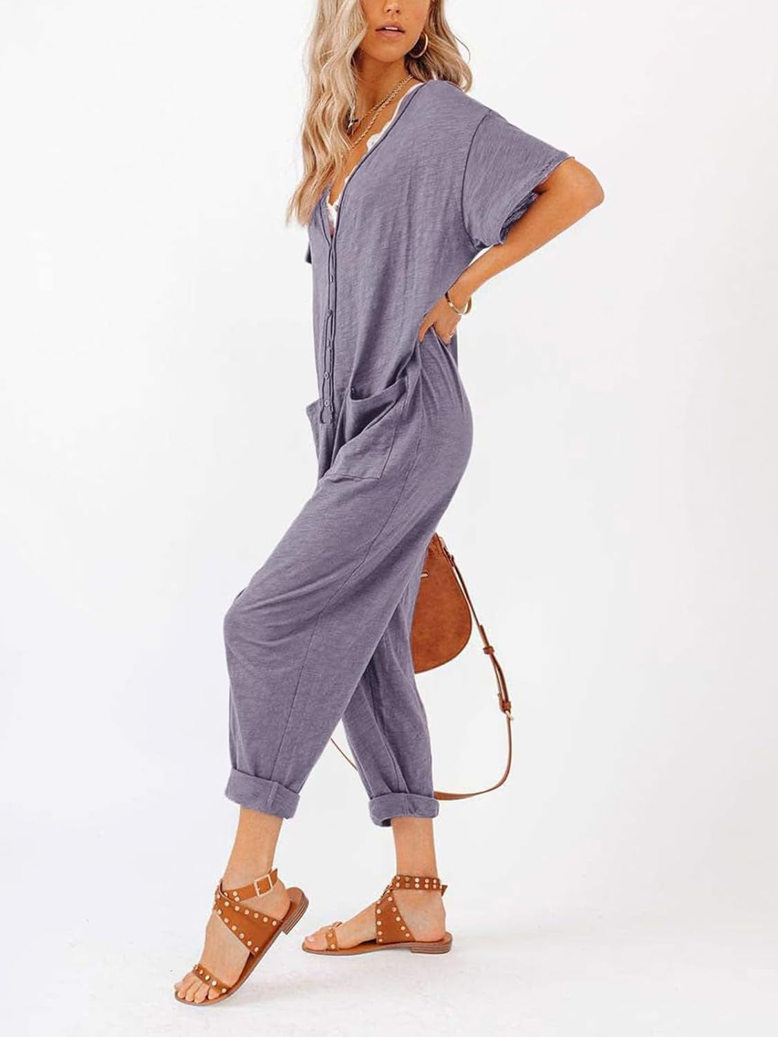 Oversize Women'S One Piece Button up Jumpsuit Casual Loose Short Sleeve V Neck Long Pants Rompers