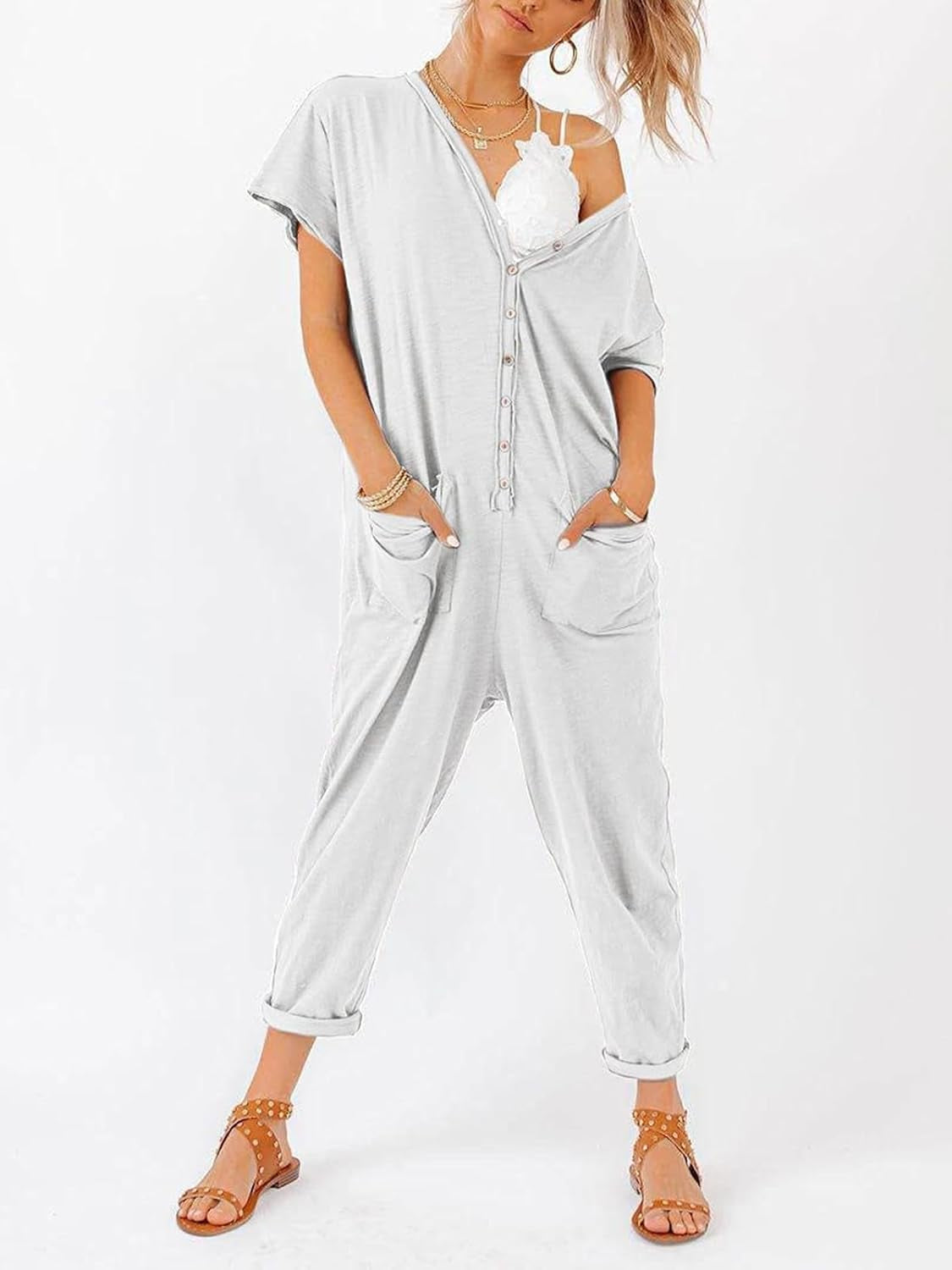 Oversize Women'S One Piece Button up Jumpsuit Casual Loose Short Sleeve V Neck Long Pants Rompers