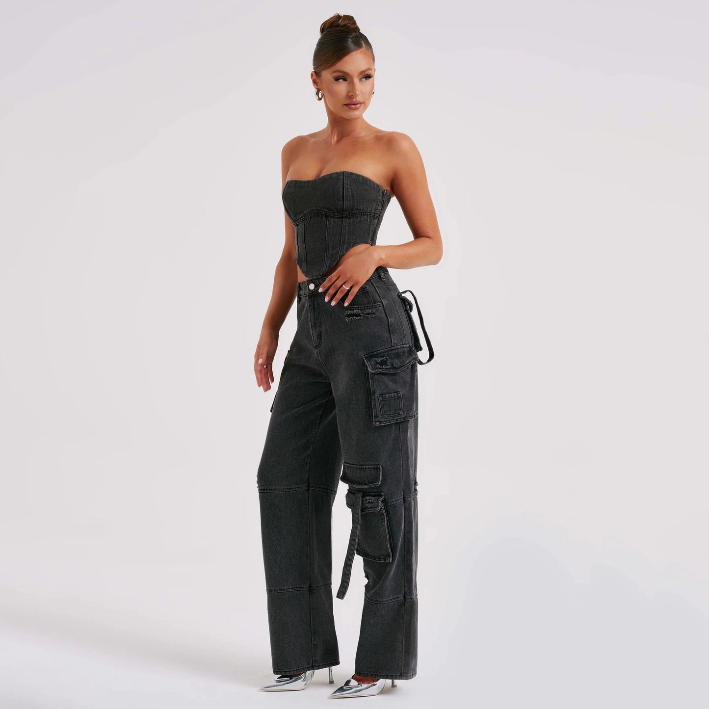 Women'S Suit Low Waist Three-Dimensional Tube Top and Pocket Stitching Jeans Pants