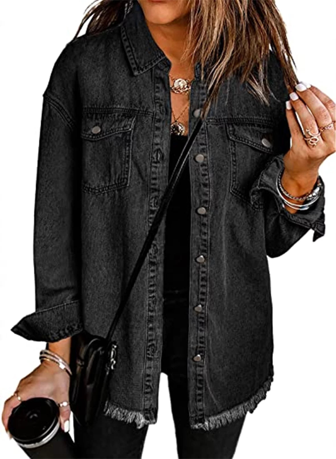 Women Denim Jacket Boyfriend Long Sleeve Casual Distressed Jean Jacket with Pockets Petite