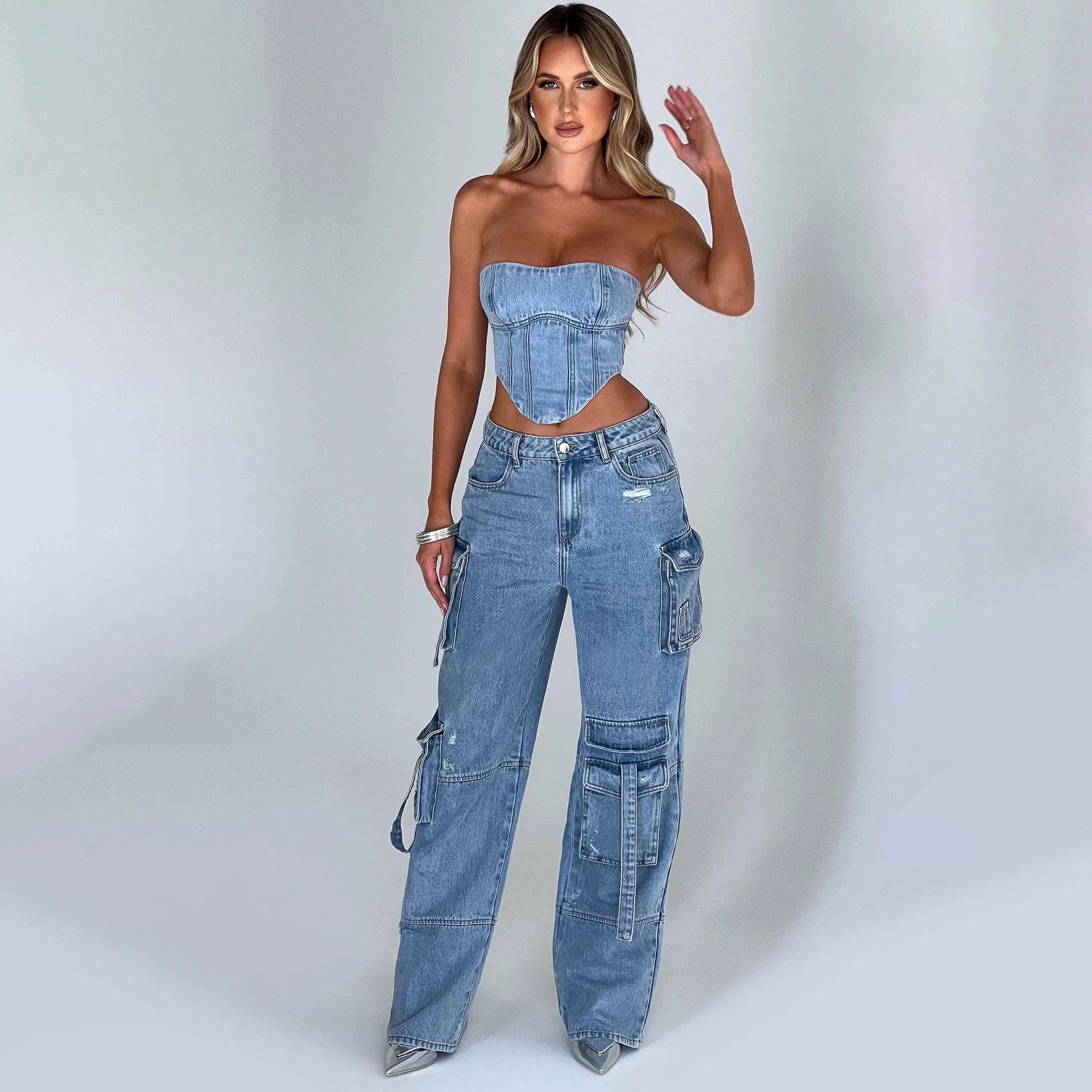 Women'S Suit Low Waist Three-Dimensional Tube Top and Pocket Stitching Jeans Pants