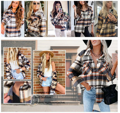 Womens Flannel Shirts Button down Shacket Jacket Plaid Shirts for Women Blouses Coats