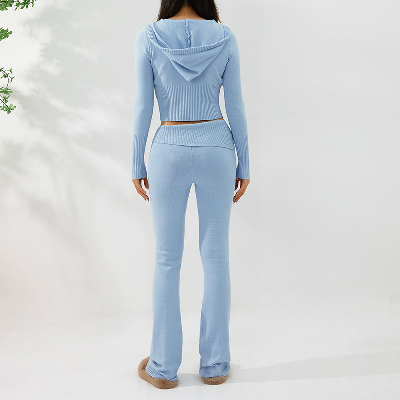 Hoodie Suit Women Leisure Sexy Zip Long Sleeve Sweater and High Waist Long Pants Set