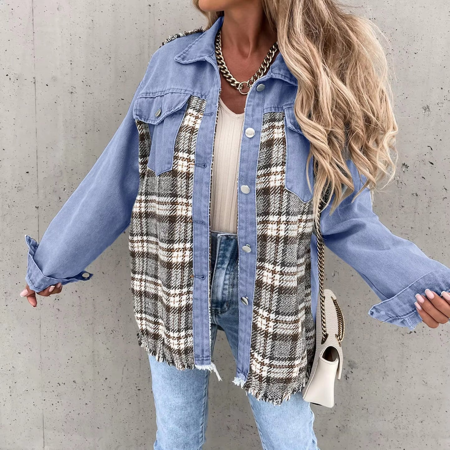 Fashion Women Denim Jackets Raw Edge Hem Plaid Splicing Casual Outerwear Single Breasted Lapel Contrast Color Shacket Pocket